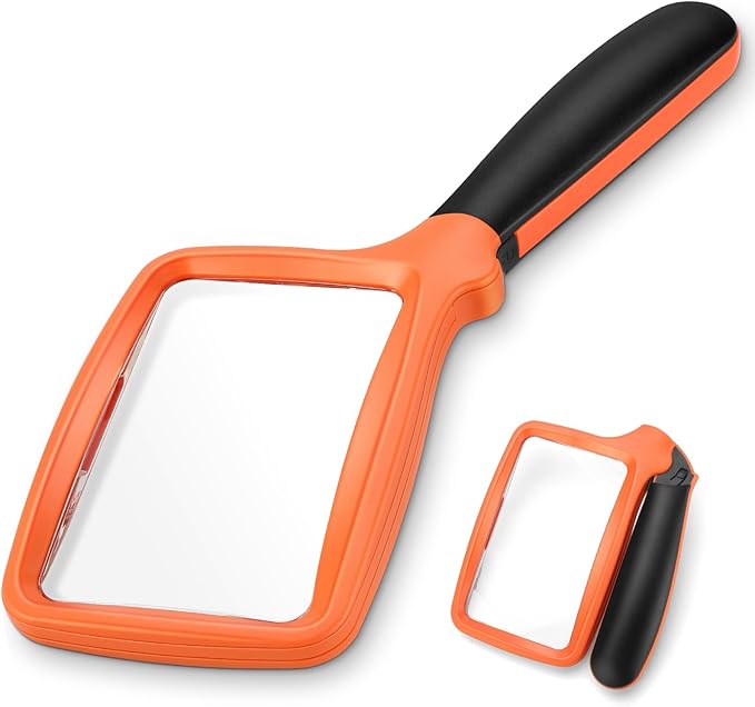 Folding Handheld Magnifying Glass with Light, 5X Large Rectangle Reading Magnifier with Dimmable LED for Seniors with Macular Degeneration, Newspaper, Book, Small Print, Lighted for Low Visions Orange