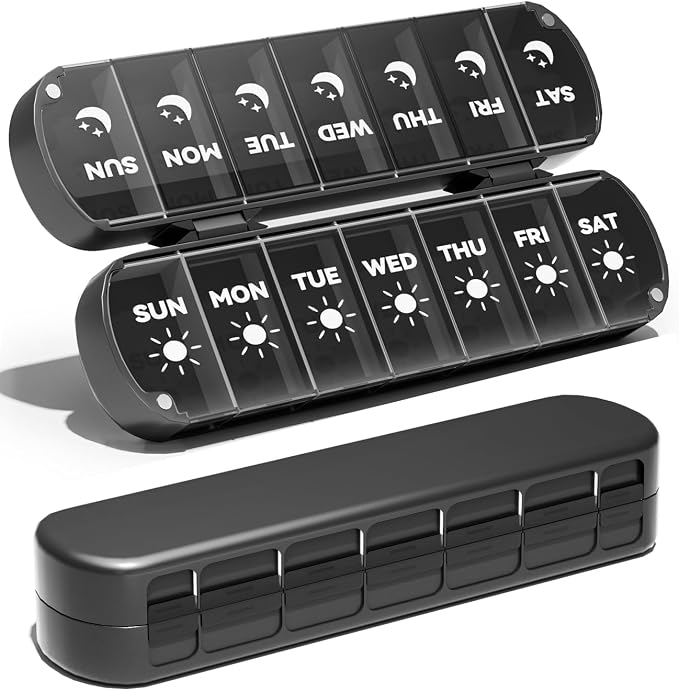 Foldable Pill Organizer 2 Times a Day, Magnetic Travel Pill Box AM PM, 7 Day Moisture-Proof Medicine Case for Vitamins, Supplements and Fish Oils, Portable Medication Planner for Purse, Bag & Pocket