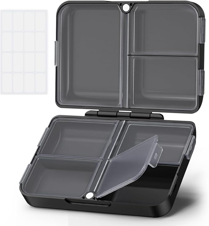 AUVON Daily Pill Organizer Fit with Your Purse or Pocket, Compact Pill Case Travel Essentials with Magnetic Folding Closure & Long-Lasting Hinges, Pill Box for Fish Oils, Supplement, Vitamins (Black)