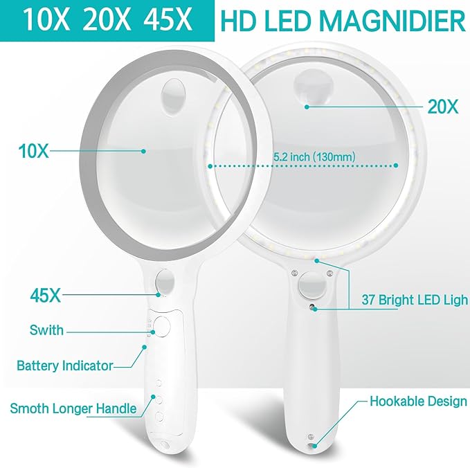 Large Magnifying Glass with 37 LED Light, 10X 20X 45X Handheld Illuminated Lighted Magnifier with 3 Light Modes Rechargeable Magnifying Glass for Seniors Reading, Inspection (Grey & White)