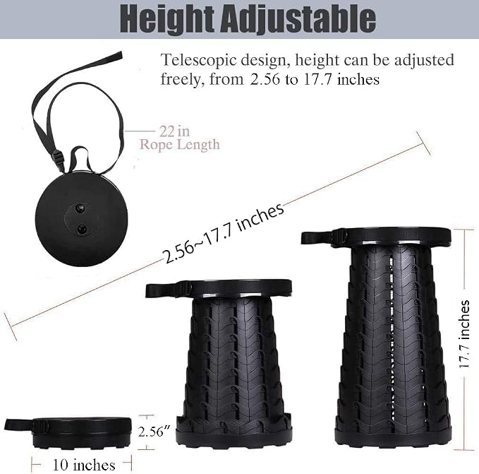 Fishboy Collapsible Stool for Adults, Portable Folding Camping Seat, 400lbs | Lightweight but sturdy, retractable telescoping design with adjustable heights for fishing, hiking, travel, festivals, BBQ