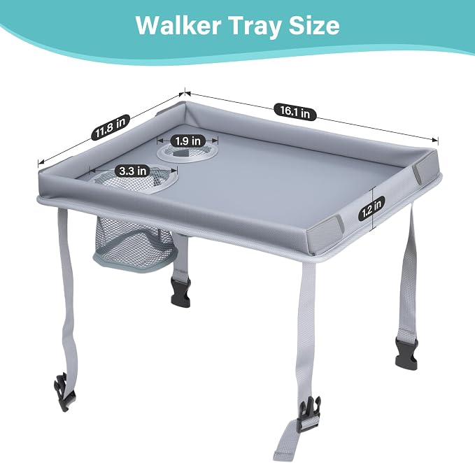 Detachable Walker Tray with Cup Holder, Rolling Folding Walker Accessory for Elderly, Gray Without Pockets with Baffles