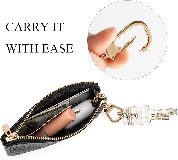 Full Grain Leather Coin Purse with Key Chain - Small Change Purse Keychain Card Holder Keychain Pouch Small Keychain Wallet for Women and Men (Black - Large Size)