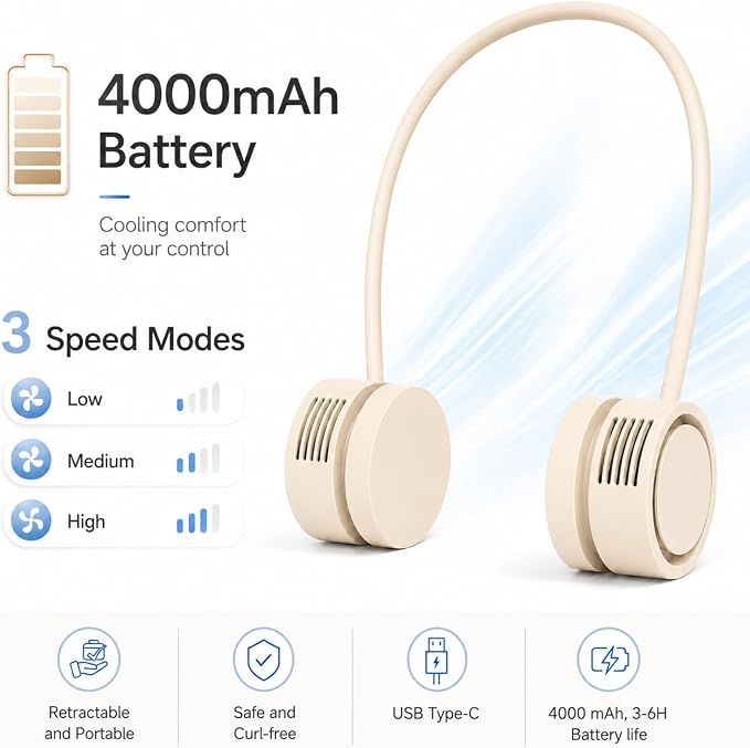 Neck Fan, Portable Bladeless Neck Fans, 4000mAh Foldable Rechargeable Bladeless Fan, 3 Speeds & Enhanced Cooling Power, Hands-Free USB Personal Fan for Men, Women, Outdoor, Travel, Ideal Gift(Apricot)