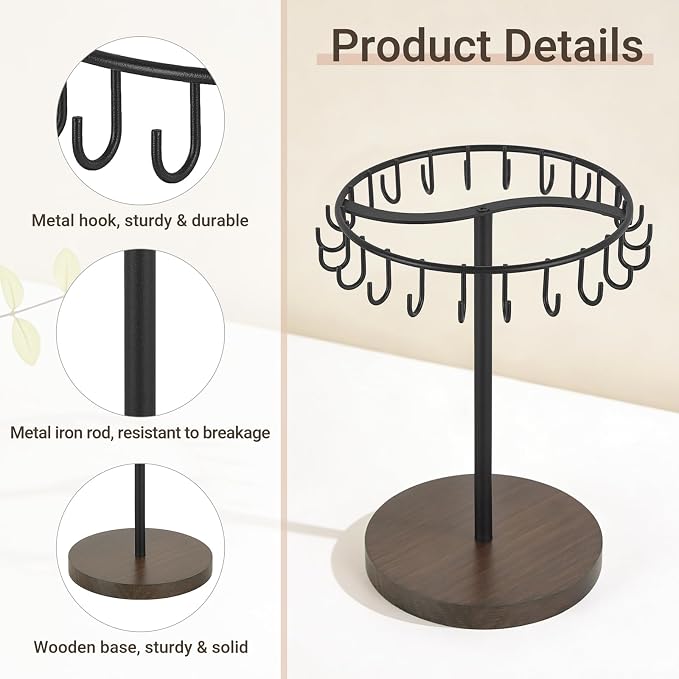 Dahey Keychain Holder Display Stand for Vendor, 22 Hooks Organizer for Desk | Space-Saving, Versatile Storage Keychain Bracelets Bag Charms, Sturdy Wood, Easy Assembly, for Study Entryway Decor, Black