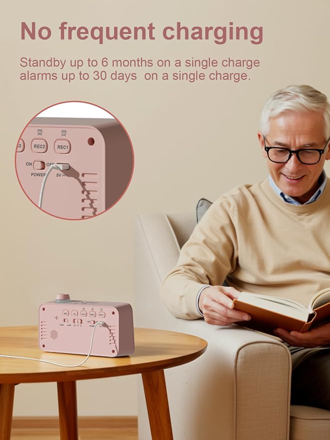 Medication Pill Reminder, RechargeableTalking Alarm Clock with 3 Custom Voice RecordingAlarms, Touch-to-Talk, a Digital Alarm (Clocks Gift forMom/Dad/Seniors/Elderly(Pink)