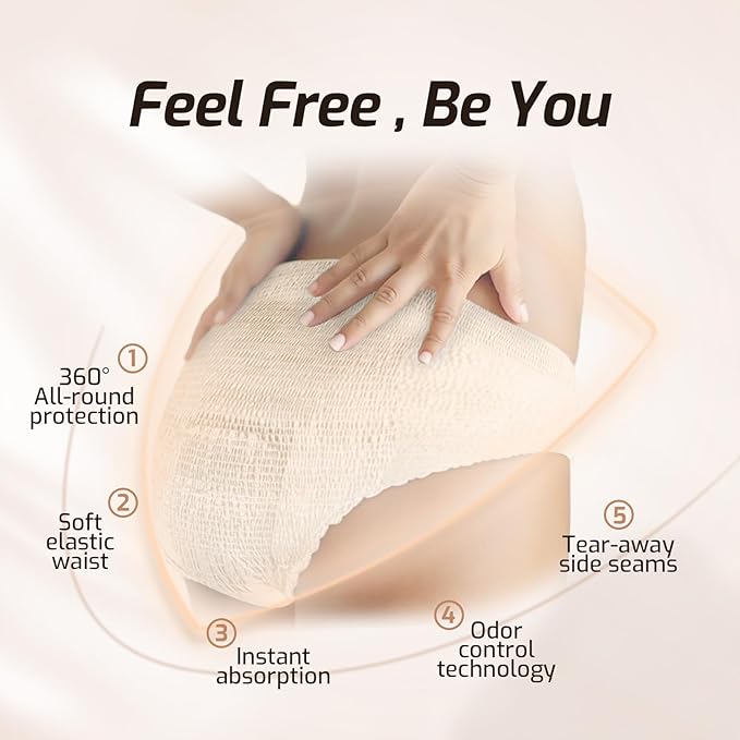 SUNKISS Women Incontinence Underwear, Daytime Disposable Postpartum Adult Panties, Protective Pull Ups with Maximum Absorbency, Medium, Beige, 32 Count