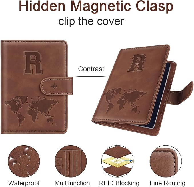 Passport Holder Wallet Cover Personalized Initial Travel Essentials | Embossed Letter A-Z Design, Travel Wallets, RFID Blocking, Passport Book Holders, Women Men, Personalized Gifts, Brown-R