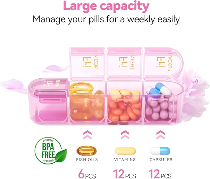 Zoksi Pill Organizer 4 Times a Day, 7 Day Pill Box with Removable Daily Cases, Large Medicine Organizer for Pills, Vitamins and Supplements, Easy Open 180 Degree Lids, Travel Pill Case