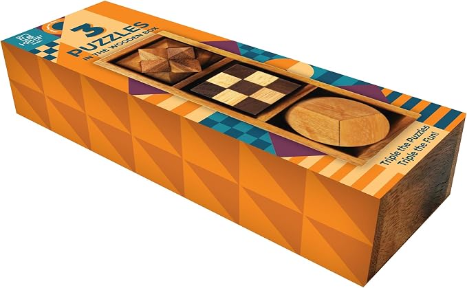 BSIRI 3 Puzzles in a Box - Wooden Brain Teaser Puzzle, 3D Mind Puzzle for Adults, Educational Senior Games, and Brain Games, Ideal for Birthday Gifts and Patio Décor