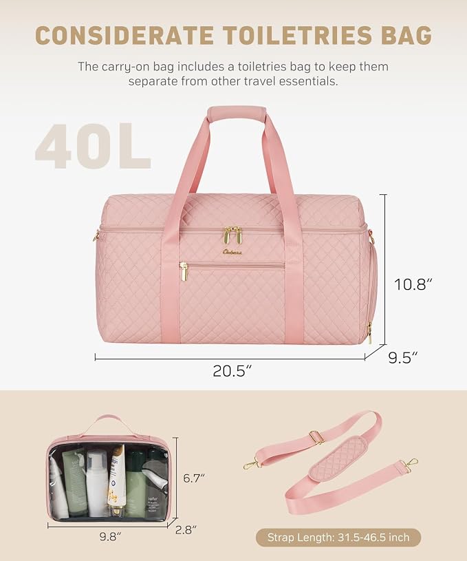 Weekender Bags for Women, Wide Open Large Travel Duffle Bag with Shoe Compartment, Overnight Hospital Bag For Women Labor Delivery, Carry on Bag Personal Item Travel Bag with Wet Pocket (Pink)