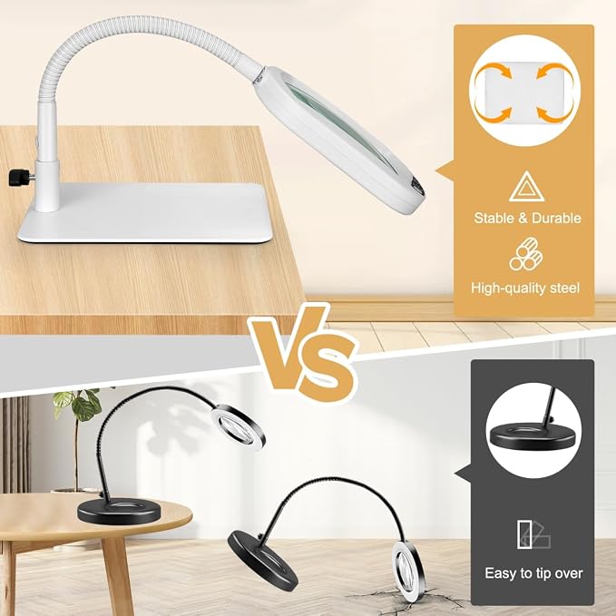 Veemagni 12X Rectangle Magnifying Glass with Light and Stand, Flexible Gooseneck LED Lighted Desk Lamp, 5 Color Modes Stepless Dimmable, Hands Free Magnifier for Reading Painting Close Work - White