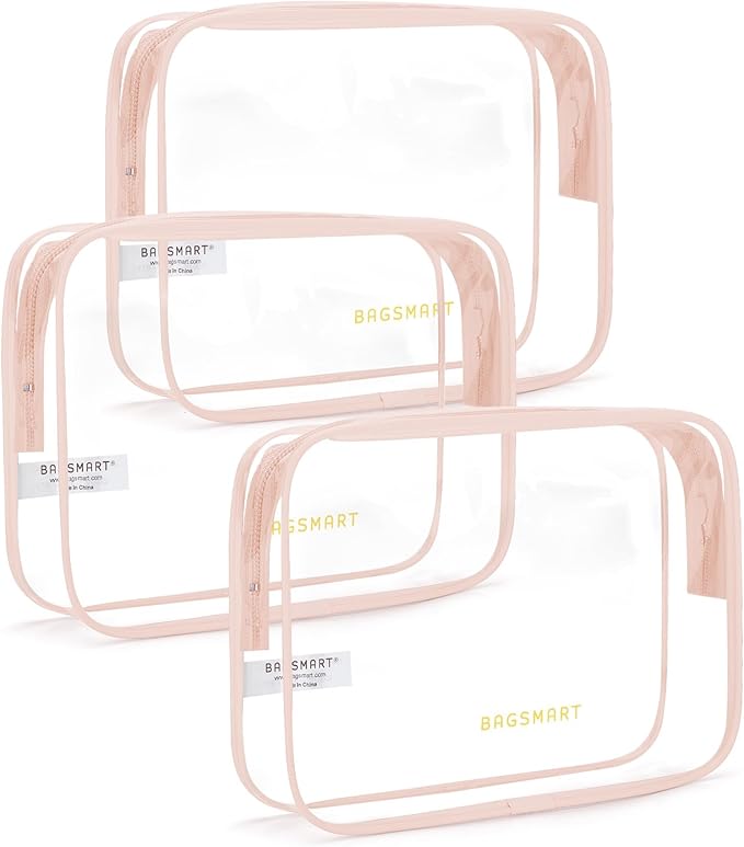 BAGSMART Clear Toiletry Bag 3-Pack TSA Approved Water-Repellent, Nude Pink | Carry on Travel Accessories Bag, Airport Airline Quart Size Bags for Women Men, Makeup Cosmetic Bag