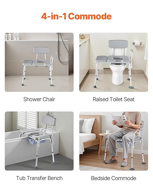 VEVOR Bedside Commode Chair, 500 lbs Load Capacity, 4-in-1 Portable Toilet and Raised Toilet Seat with Detachable 5L Bucket, Padded Seat and Backrest, Adjustable Height Adult Potty Chair for Seniors