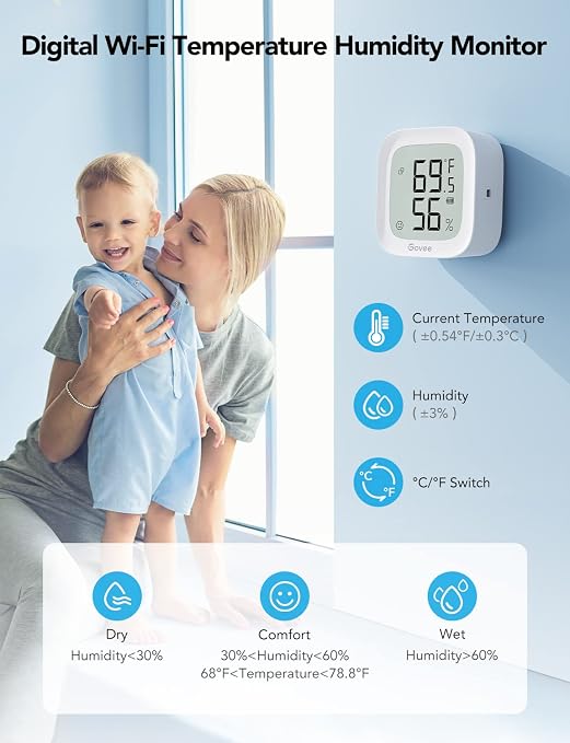 Govee WiFi Thermometer Hygrometer H5103 with Electronic Ink Display | Temp and humidity monitor with alert, 2.4G WiFi & Bluetooth, 2-yr data export. For bedroom, wine cellar, basement