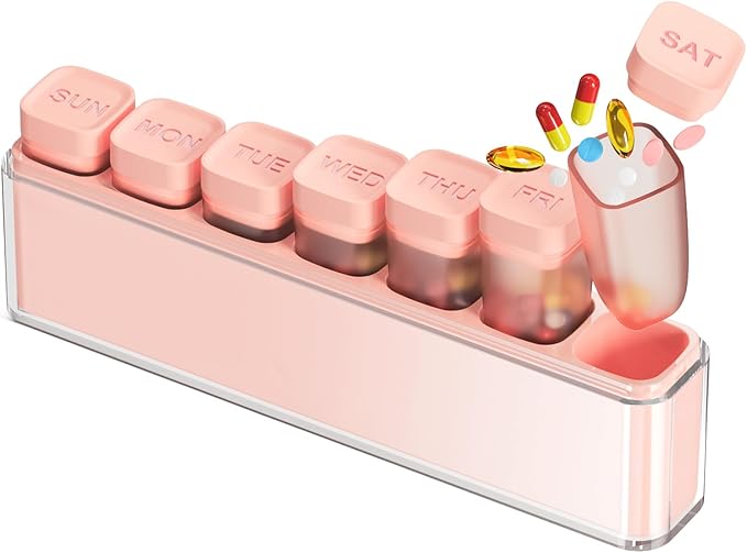 Weekly Pill Organizer 1 Time a Day, HIONXMGA Portable Detachable Travel Pill Box 7 Day, Large Once Daily Pill Holder Case, Color-Coded Dispenser for Vitamin Medicine Supplement Fish Oil, Pink