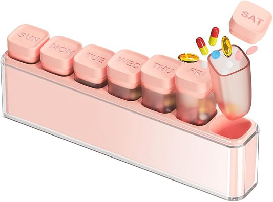 Weekly Pill Organizer 1 Time a Day, HIONXMGA Portable Detachable Travel Pill Box 7 Day, Large Once Daily Pill Holder Case, Color-Coded Dispenser for Vitamin Medicine Supplement Fish Oil, Pink