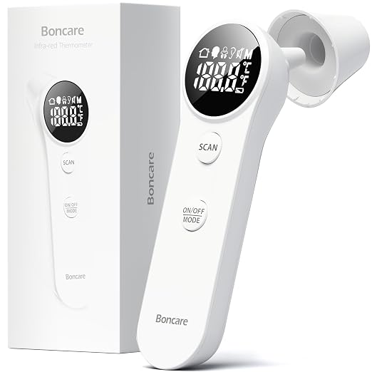 Boncare Ear and Forehead Thermometer for Adults and Kids | 2X Accuracy Infrared Digital Thermometer ,1 Second Reading, No Touch Baby with Fever Alarm