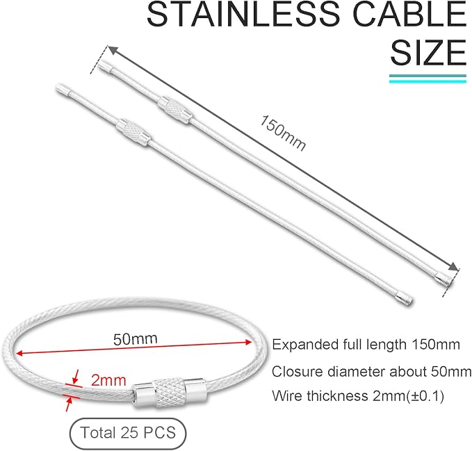 CooBigo 25 Pack Stainless Steel Loops 2mm Coated Wire Keychain Cable Large Key Rings 6 inch Car Key Chain for Women, Luggage Tags, Key Tags, Keyrings, Kitchen Utensils - Silver