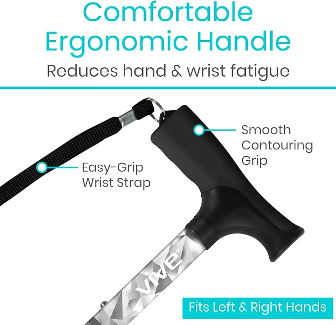 Vive Folding Cane - Foldable Walking Cane for Men, Women - Fold-up, Collapsible, Lightweight, Adjustable, Portable Hand Walking Stick - Balancing Mobility Aid - Sleek, Comfortable T Handles