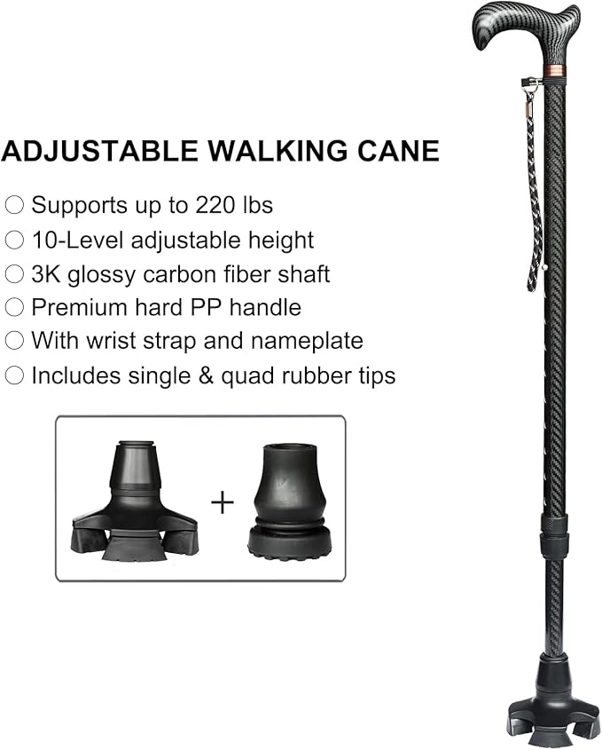 Adjustable Walking Cane for Men & Women - Lightweight Carbon Fiber Cane, Premium Walking Stick for Seniors with Quad & Single Rubber Tips, Ergonomic Handle & Wrist Strap