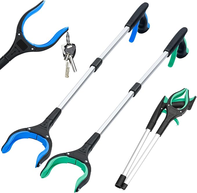 2-Pack Grabber Reacher Tool,32 Inch Extra Long Foldable Pick Up Stick with Strong Grip Magnetic,360°Rotating Anti-Slip Jaw,Trash Claw Grabber Tool,Trash Picker Tool for Outdoor & Indoor (Blue&Green)