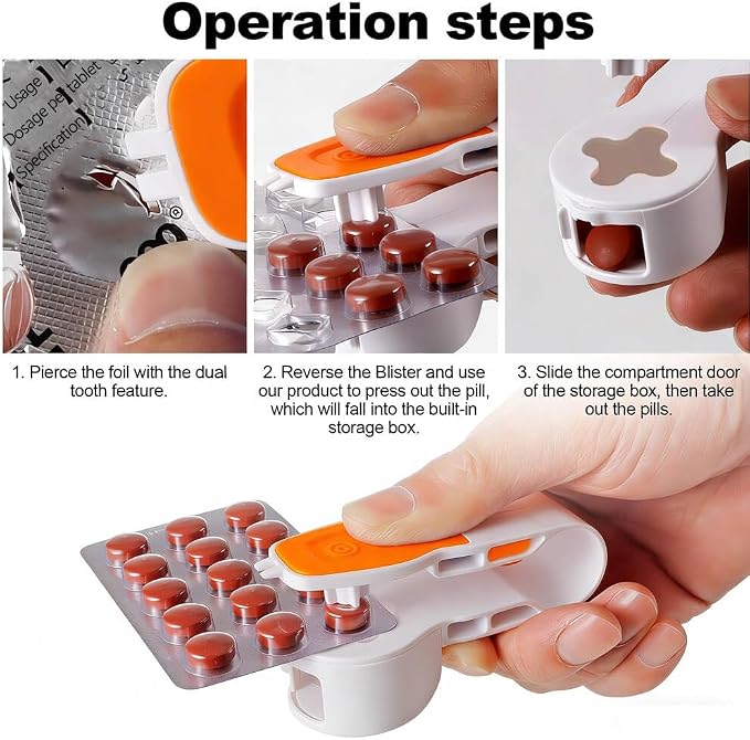 Pill Card Popper Portable Pill Popper Tool Pill Taker Remover Pill Splitter Pill Puncher Tool for Blister Packs Automatic Pill Dispenser A Tool for Assisting in the Removal of Pills(Blue and Orange)