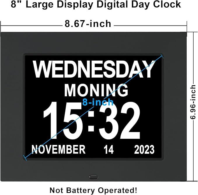 TSITSC Large Digital Calendar Day Clock for Seniors, 8" Dementia Clock with 12 Alarms + Auto-Dimming, Day and Time Clock for Elderly Impaired Vision Memory Loss with Remote Control(Black)