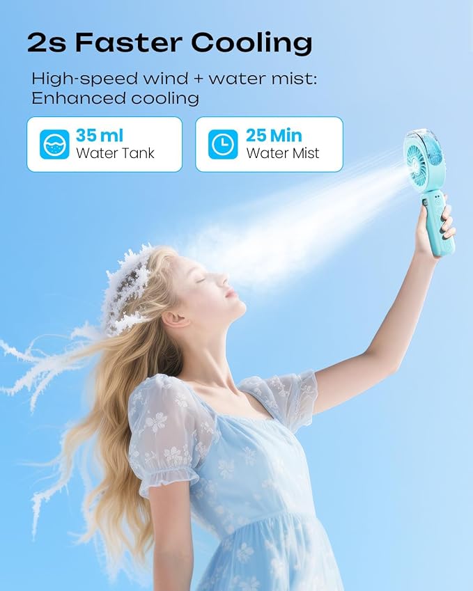 Otlonpe Handheld Misting Fan Portable, Powerful 4 High Speeds Rechargeable Small Hand Held Fan Water Mist, 4000mAh Battery Operated, Foldable, Lanyard, Personal Cooling for Travel Men Wome