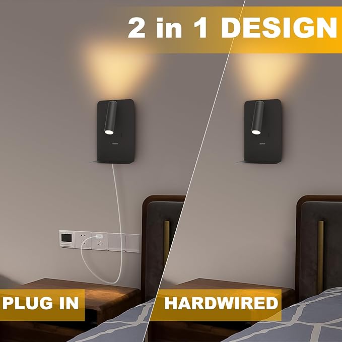 ZEROUNO Plug in Wall Sconce with Switch LED Bedside Lamp Bedroom Wall Mounted Reading Light with USB Port Wall Lighting 3000K（Black）