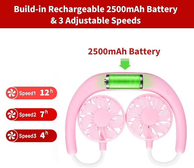 JUANANIUG Portable Neck Fan Rechargeable Personal HandFree Fan Mini USB Wearable Neckband Sport Fan 3 Speed Adjustable 360 Degrees Rotation Perfect for Working Traveling Office Reading (Pink)