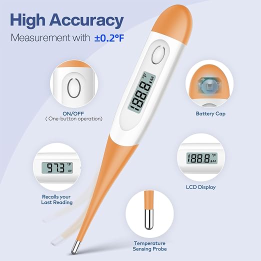 Boncare Digital Thermometer for Adults, Kids & Babies, Orange | Accurate & Safe Oral and Rectal Thermometer with 10-Second Reading and Fever Alarm