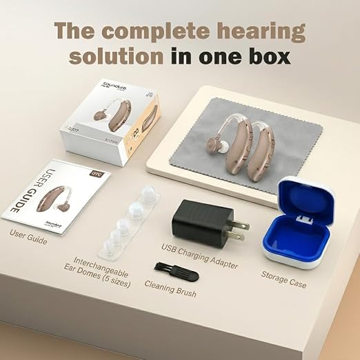 Hearing Aids for Seniors, Rechargeable Hearing Aids for Seniors with 80H Battery Life, Hearing Aid Pair, Noise Reduction DSP Chip, 4 Listening Modes, BTE Hearing Aids for Severe Hearing Loss