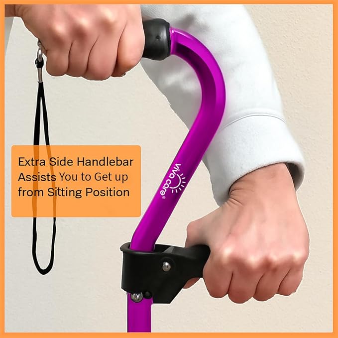 VIVA CARE Walking Cane with 4 Prongs and Extra Side Handle – Adjustable, for Balance & Stability for Adults, Seniors, and Injured.