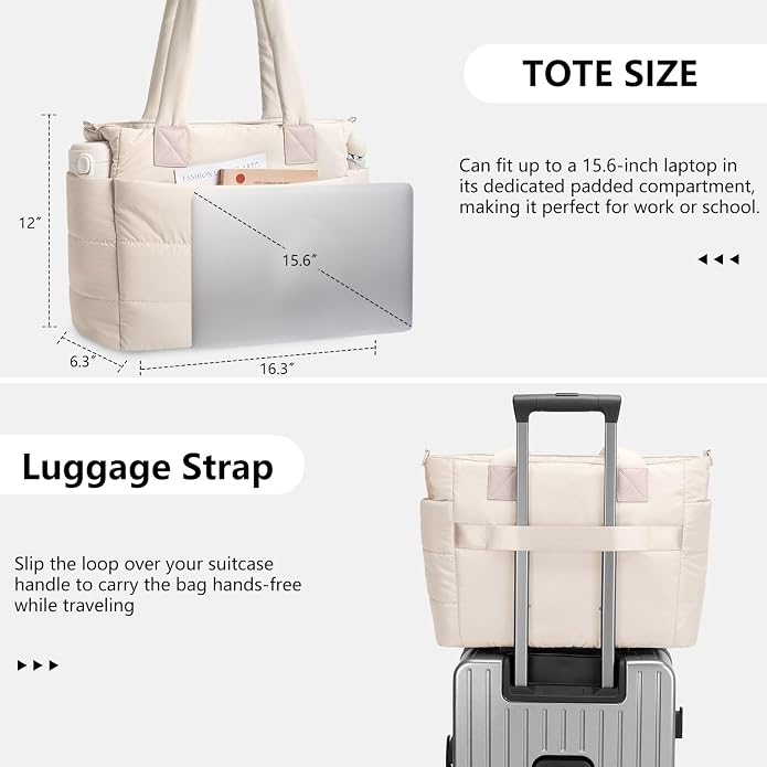Puffer Tote Bag for Women Quilted Nurse Bag Lightweight Work Bag for Teacher Travel Handbag with Multiple Pockets