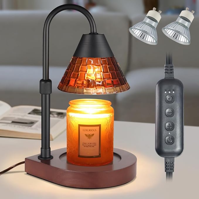 Dimmable Candle Warmer Lamp with Timer, Electric Wax Melt Warmer for Scented Jar Candles Adjustable Height Mothers Day Birthday Gifts for Women Mom Grandma, Home Offices Decor Light(Brown Glass)