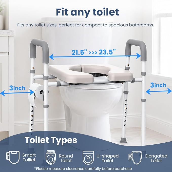 Raised Toilet Seat with Handles - Toilet Seat Riser for Seniors with Adjustable Width & Height, 400 lbs Elevated Toilet Seat Riser for Handicap, Disabled and Pregnant, Fit Any Toilet-Grey