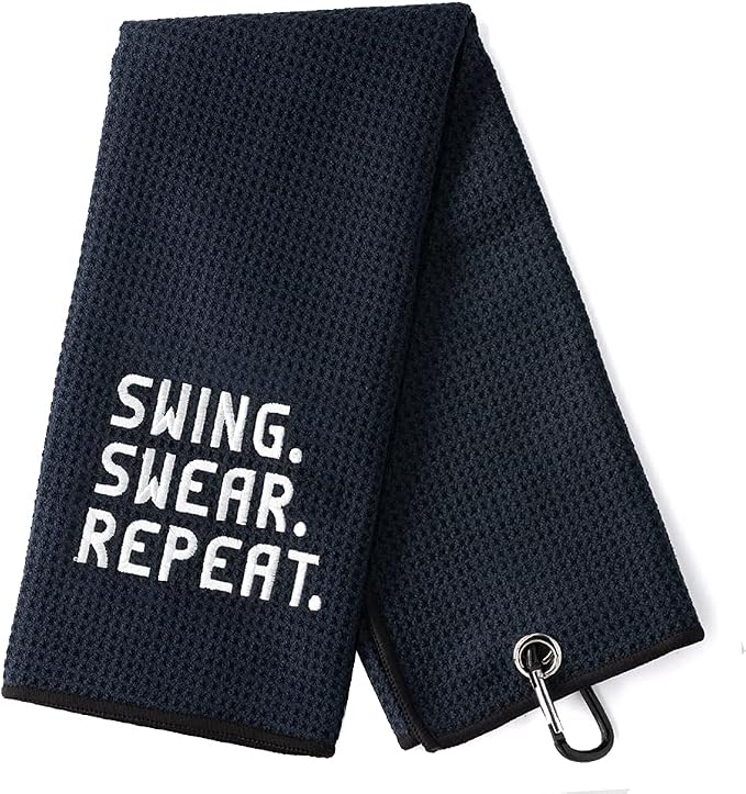 DYJYBMY Swing Swear Repeat Funny Golf Towel, Embroidered Black Golf Towel with Clip, Perfect Golf Birthday Gifts for Husband, Dad, Wife, Mom