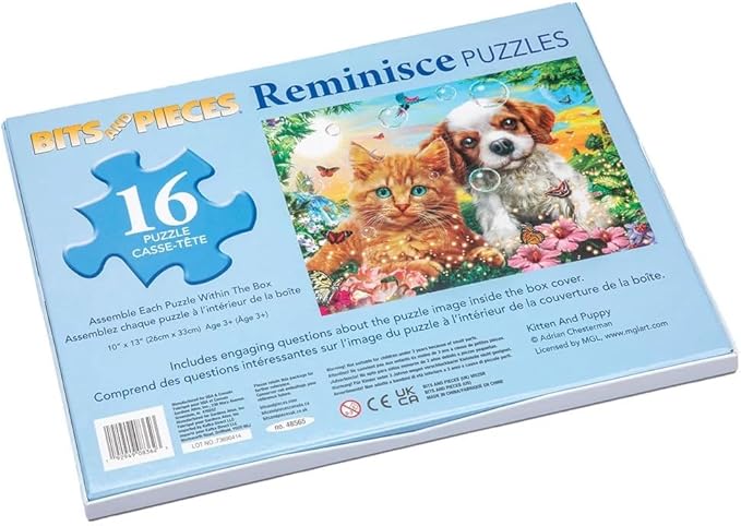 Bits and Pieces Large Piece Puzzles for Seniors, 10 in. x 13 in. Kitten and Puppy Puzzle - 16 pc Extra Large Pieces Puzzles for Dementia Seniors, Alzheimer Puzzle Memory Aids