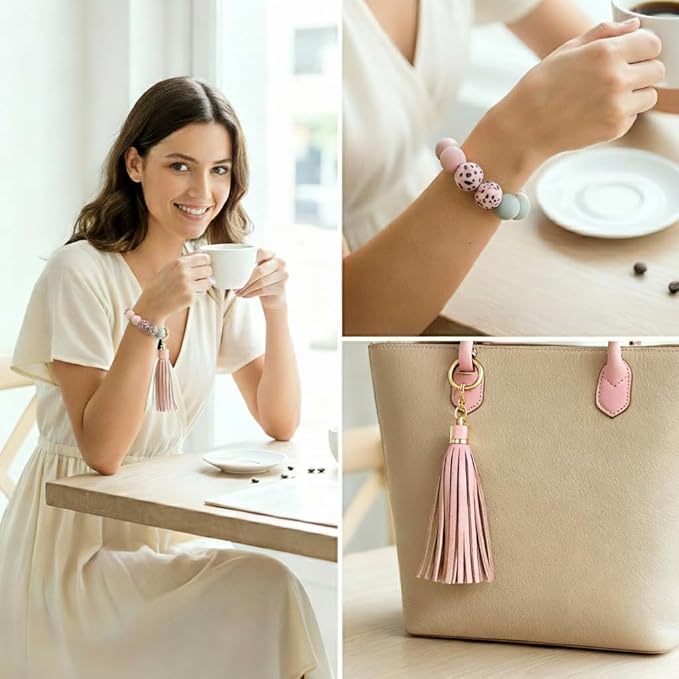 BIHRTC Key Ring Bracelet Car Keychain Holder Wristlet Silicone Women Beaded Bangle Chains