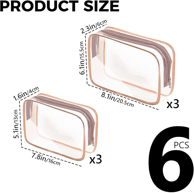 AURUZA 6 Pack Travel Toiletry Bag, Clear Makeup Bag, TSA Approved Cosmetic Bag with Zipper, Clear Organizer Carry on Bag for Women, PVC Cosmetic Pouch (Rose Pink, 6 Packs)
