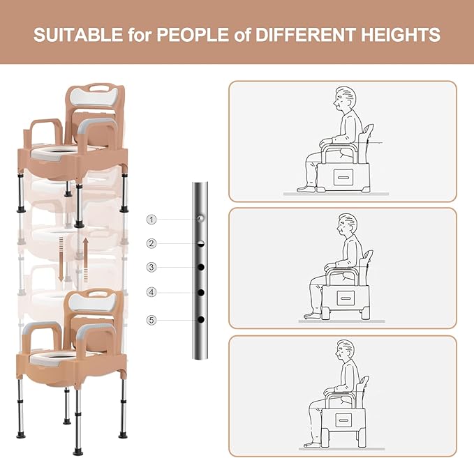 Bedside Commodes, 16" Toilet Chair Seat with Handles, Adjustable Mobile Portable Toilets, Anti-Slip and Anti-Rollover, Adult Potty Chair Load 660 Lb for Seniors Disabilities Elderly & Others