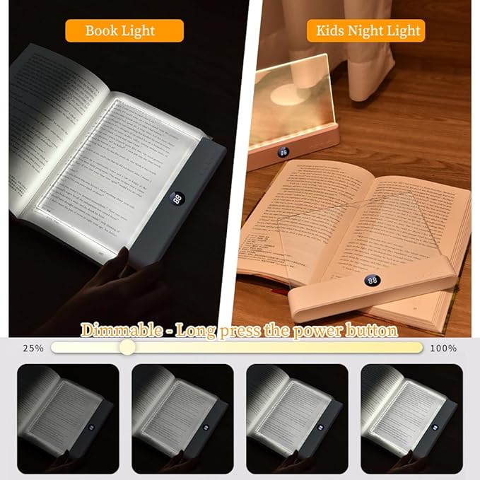 Book Light for Reading in Bed at Night Flat Reading Lights, White | 3 Color & Dimming, Rechargeable, Full Page, Flat Booklight with Timer, LED Reading Light, Bookish Gifts for Book Lovers