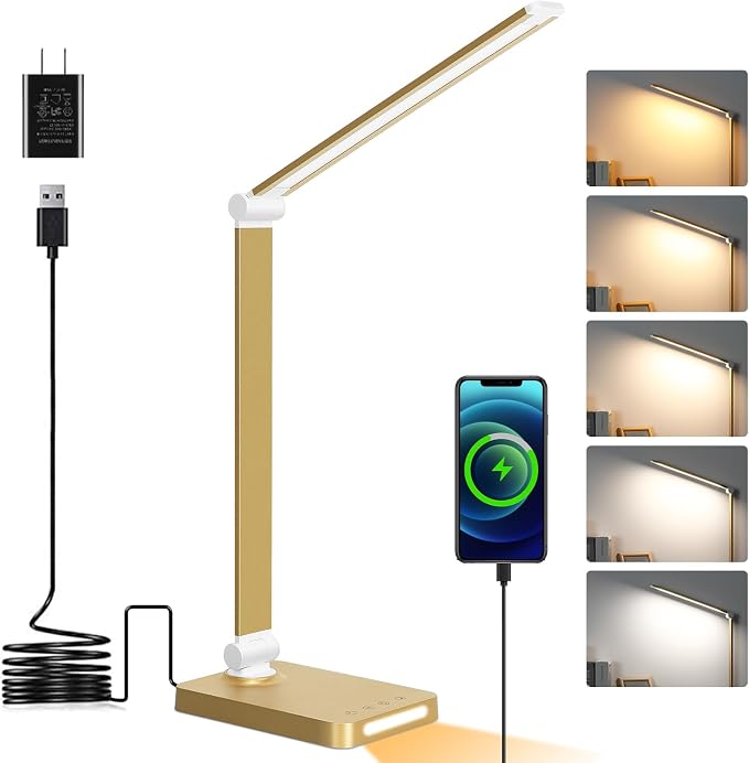 LED Desk Lamp with USB Ports,Touch Desk Lamps for Home Office with 5 Modes | 3 Brightness Desk Light with Small Night Light,Reading Lamp Table Lamp for Bedroom Bedside Study Gold （with adapter）