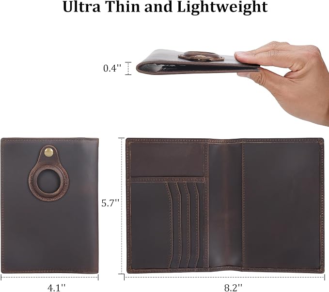 Polare Slim RFID Blocking Leather Passport Holder Travel Bifold Wallet For Men (Dark Brown with AirTag Slot)