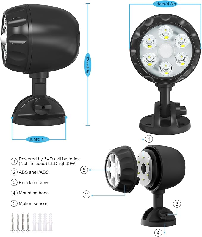 Battery Powered Motion Sensor Outdoor Lights,Waterproof 2Packs | IP65 Waterproof Spotlight,6 LED Motion Detecting Light,360° Adjustable Floodlight for House Walls Garage and Yard Porch