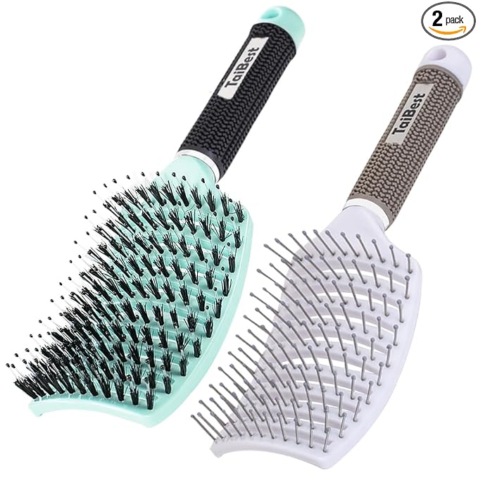 Boar Bristle Brush Set - Dry/Wet Detangler for Fine, Thick, Curly Hair - Curved and Vented Brush for Women, Men or Kids