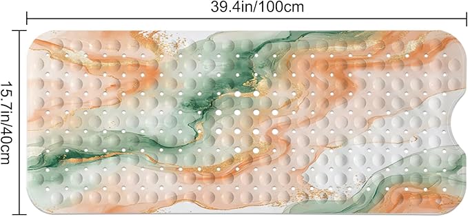 LNOND Marble Bath Tub Mat Non Slip, Extra Long 40 X 16 Inch Anti Slip Mat for Bathtub, Orange Green Marble Shower Mat with Drain Holes and Suction Cups, Machine Washable