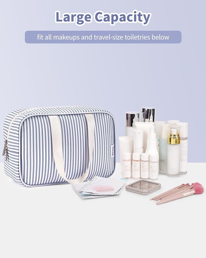 Full Size Toiletry Bag Women Large Cosmetic Bag Travel Makeup Bag Organizer Medicine Bag for Toiletries Essentials Accessories (Greyish Blue Stripe, Large)