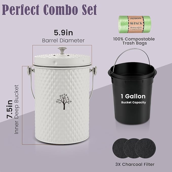 Countertop Kitchen Odorless Compost Bin with Removable Inner Bucket | 1 Gallon Composter Container,Includes 50 Compost Bags,2 Carbon Filters,Compost Bucket, ideal for food scraps,coffee grounds